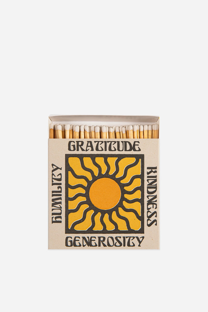 luxury matches with gratitude kindness print and sun