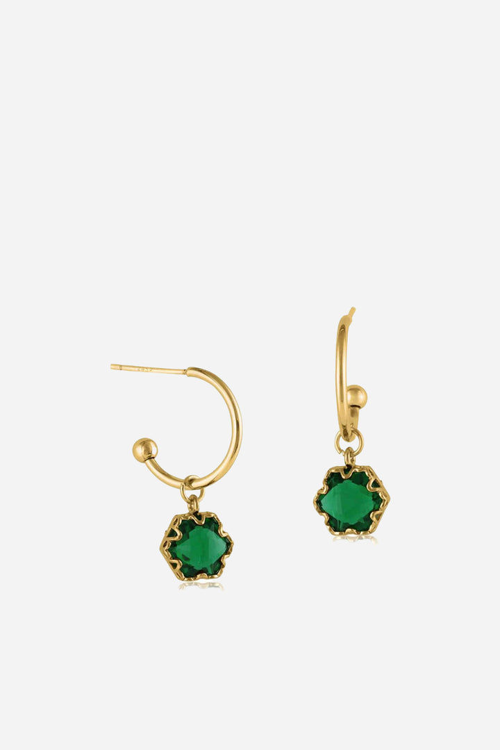 Crystal Pear Stone Hoop Earrings / Gold Emerald