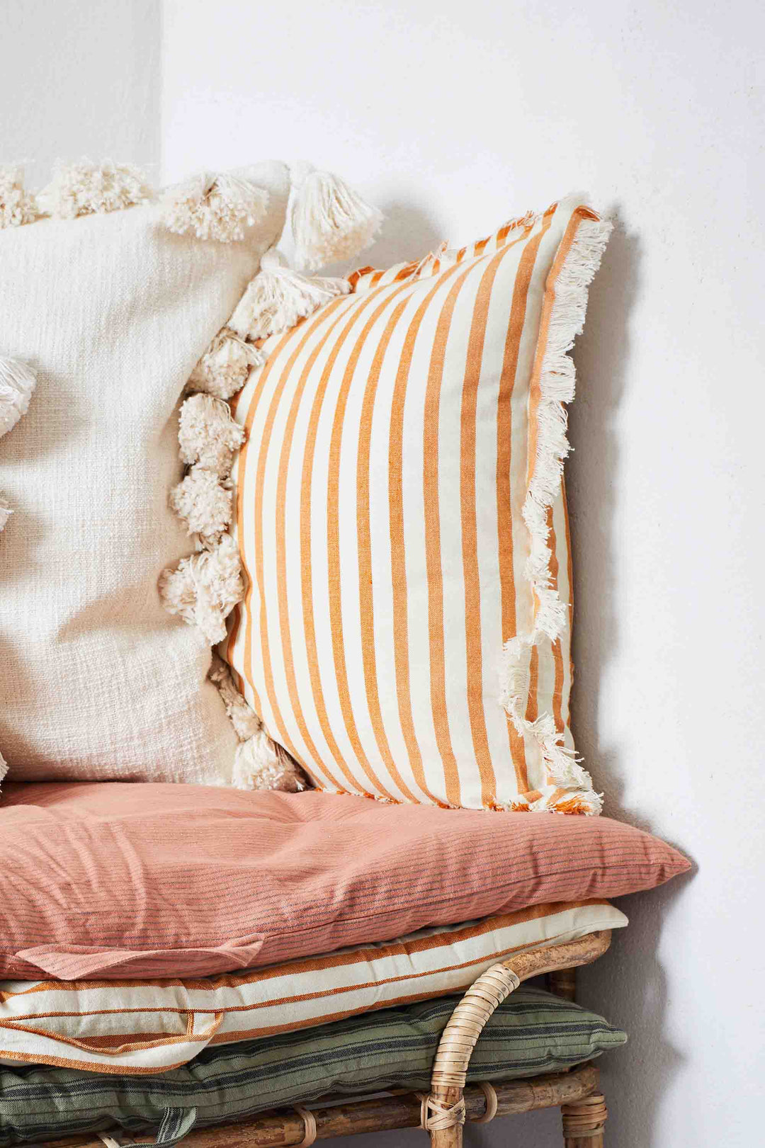 Striped Cushion w/Fringes / Off White, Dark Honey