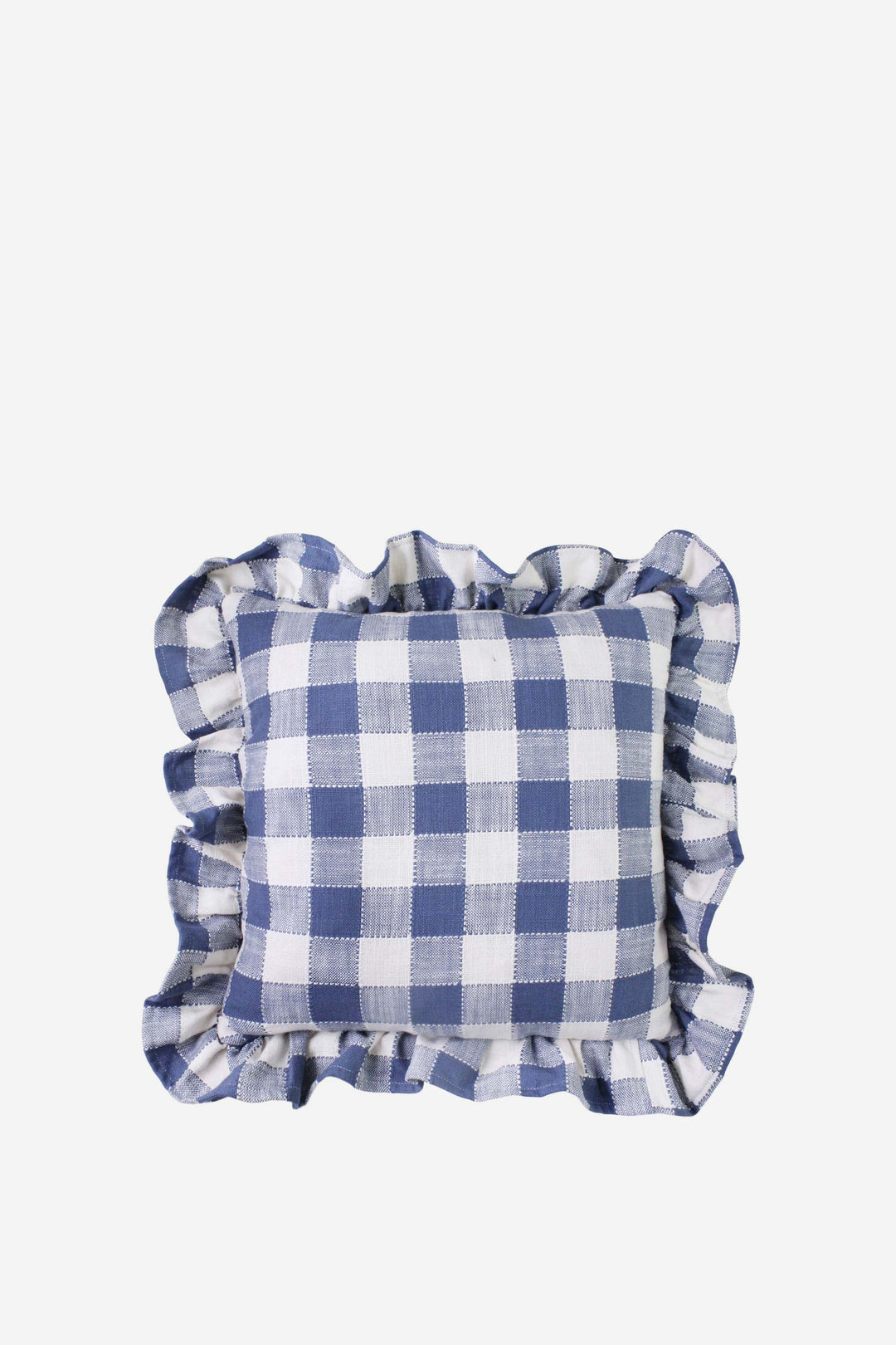 Blue and white checkered pillow with ruffled edges on a white background
