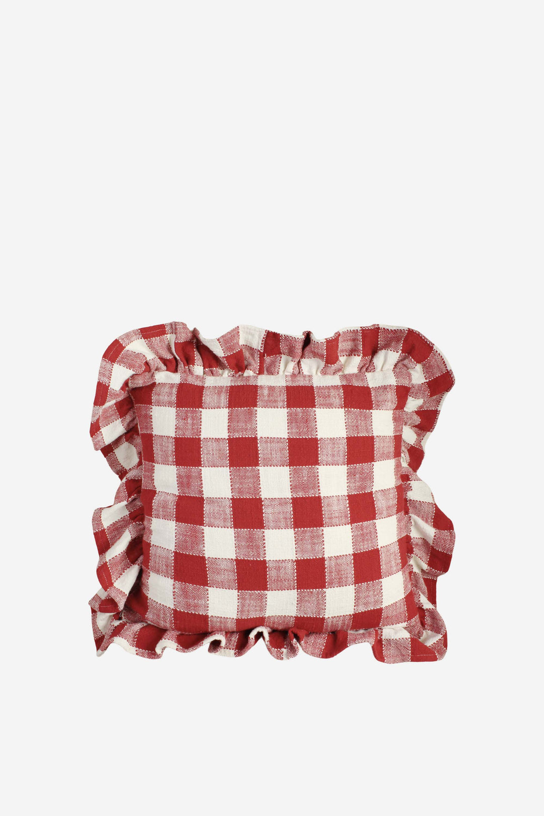 Red and white checkered pillow with ruffled edges on a white background