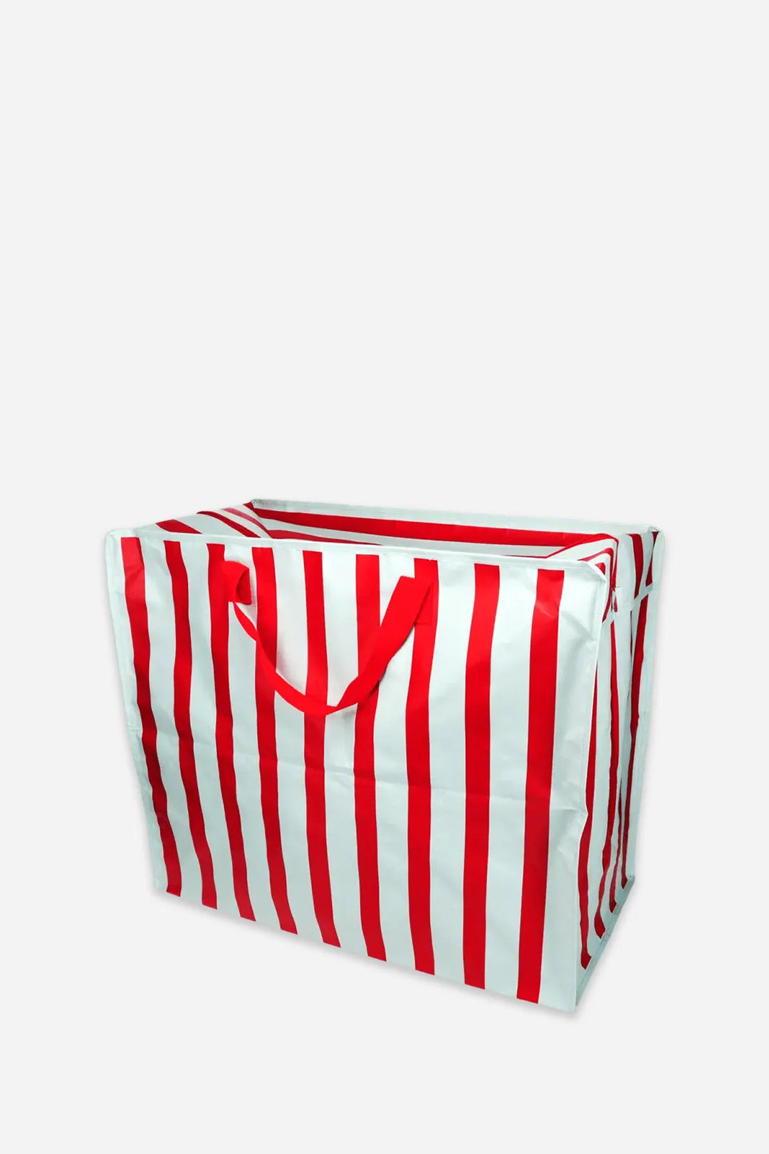 Red and white striped bag with a visible brand logo on a white background