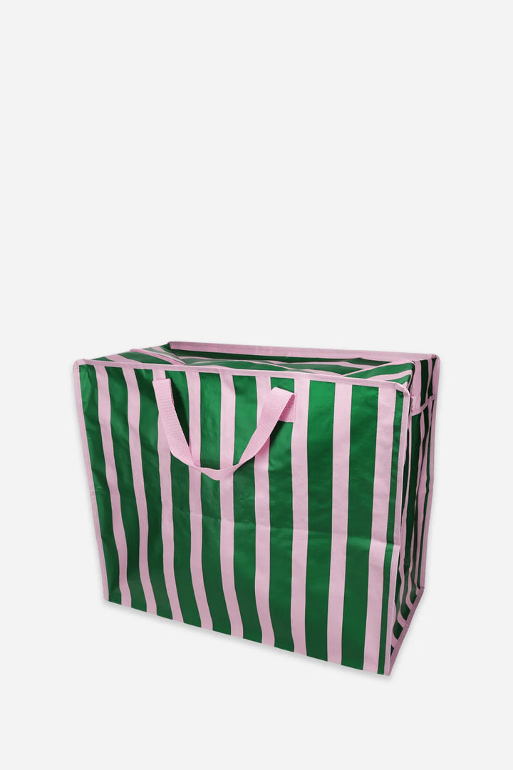 Green and pink striped storage bag on a white background