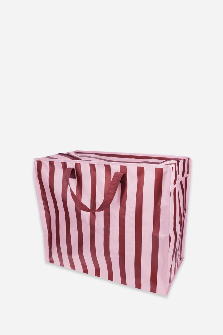 brown and pink striped bag on a white background