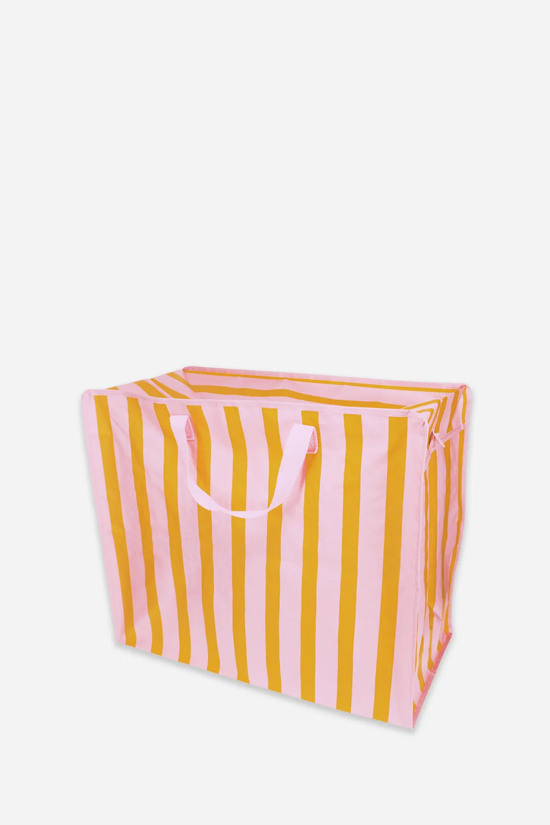 Striped storage bag with pink and yellow vertical stripes on a white background