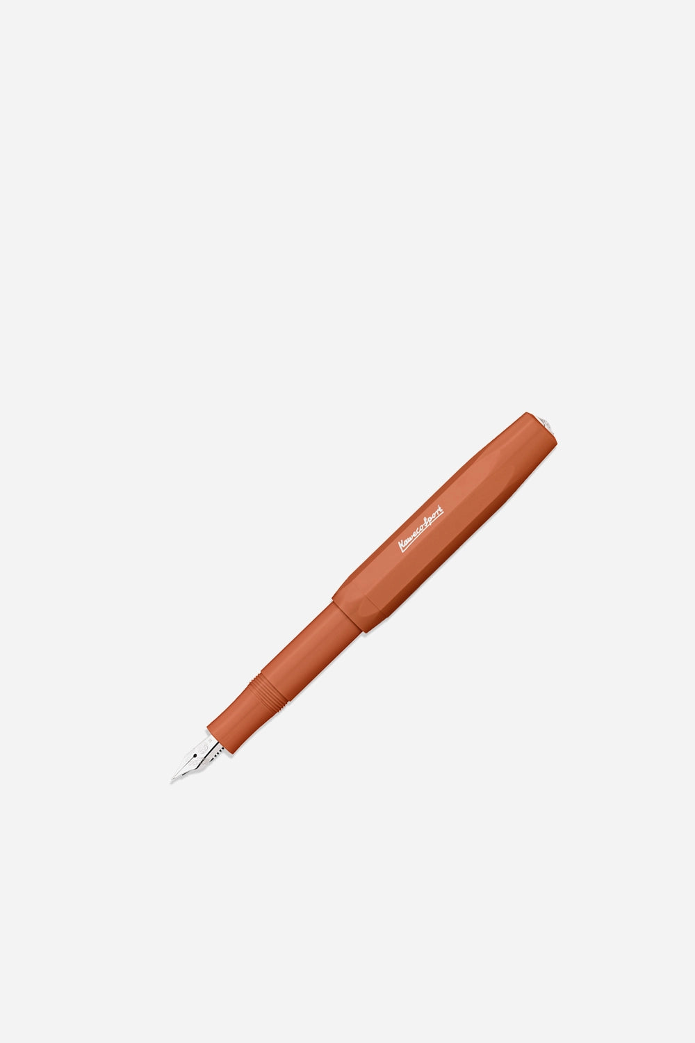 Orange pen with a visible brand name on a white background