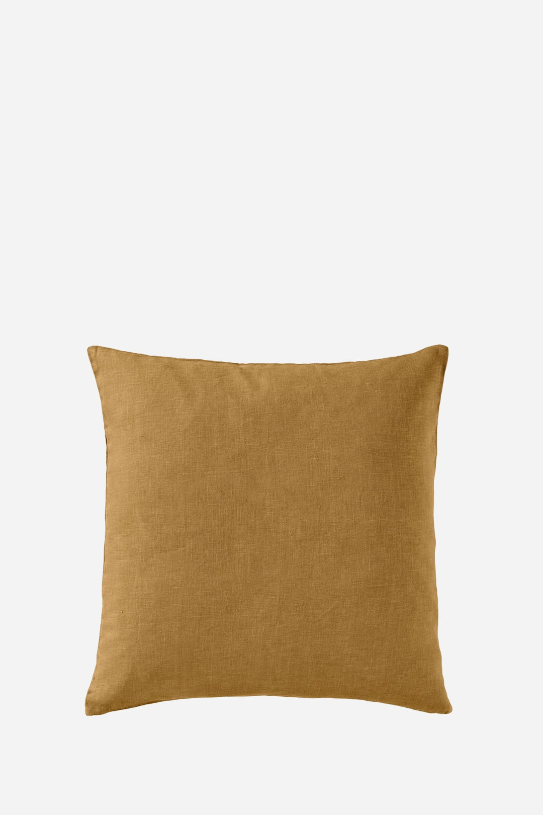 A square throw pillow in a warm ochre green linen 