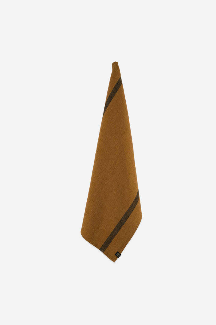 Brown t-towel with a black stripe on a white background