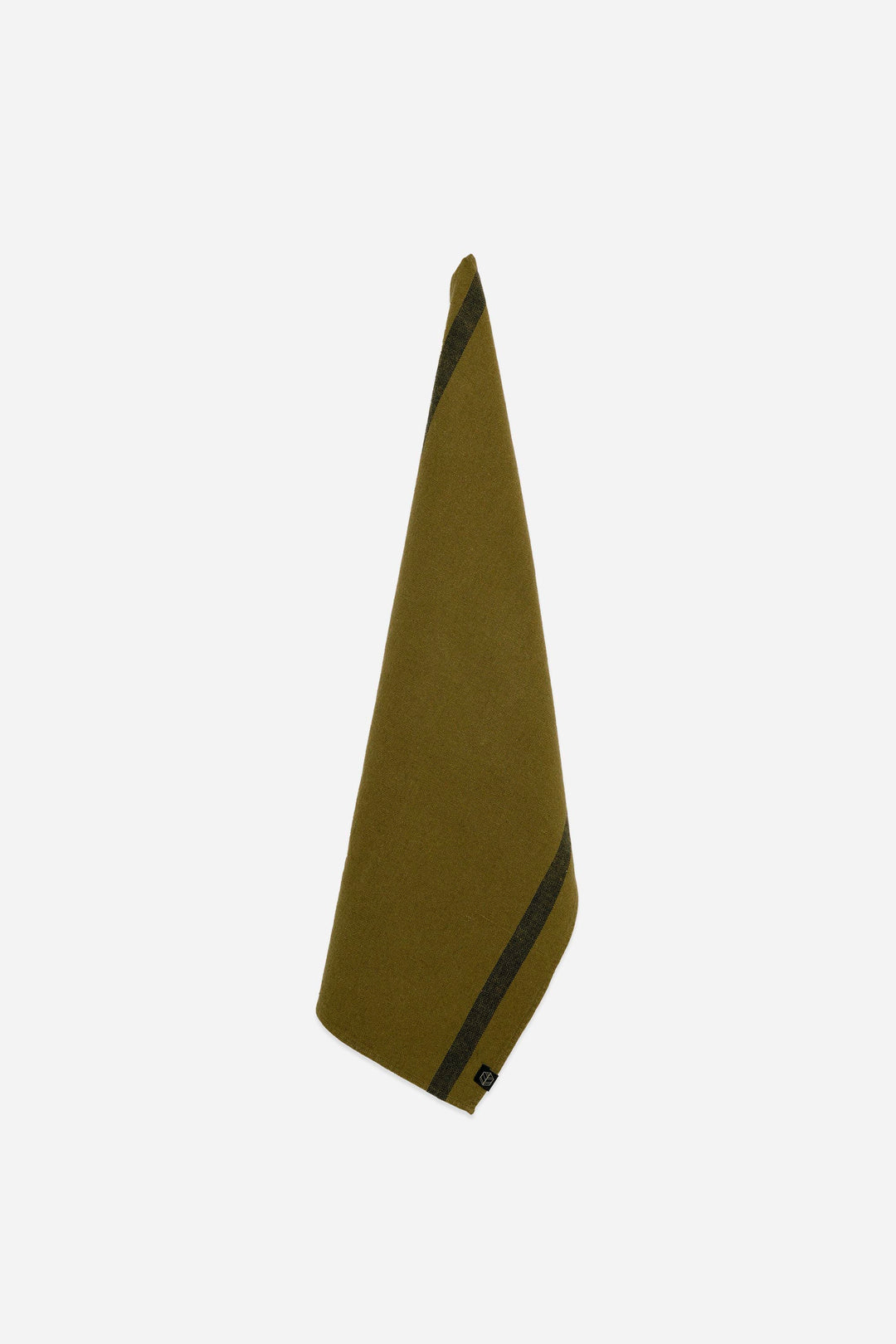 olive green t-towel with a black stripe on a white background