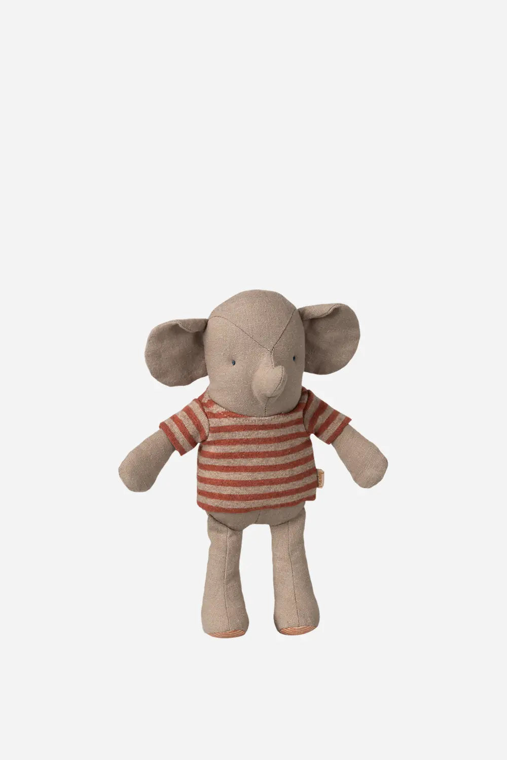 Stuffed toy elephant wearing a red and white striped shirt on a light gray background