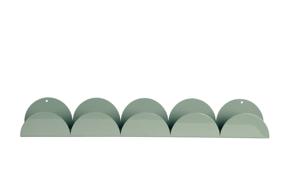 Green metal wall-mounted shelf with curved design on a white background