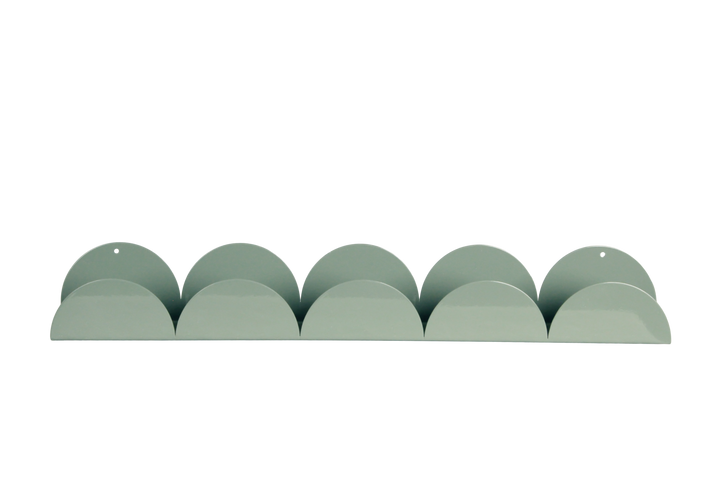Green metal wall-mounted shelf with curved design on a white background