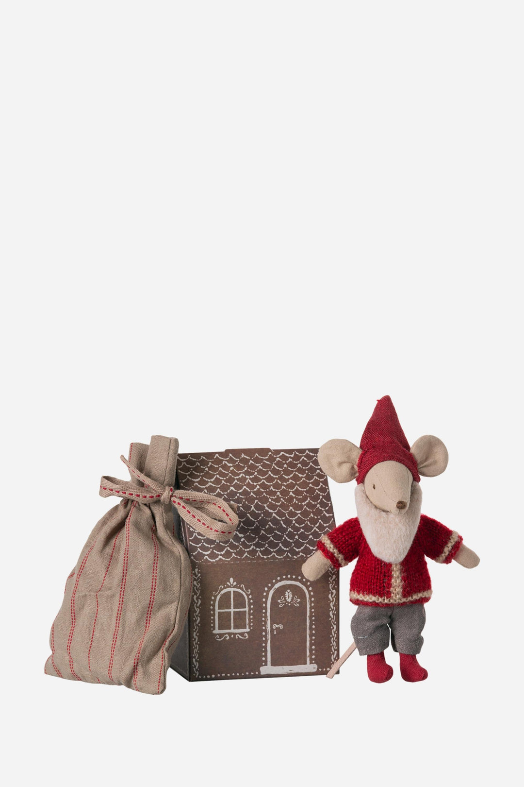 Small house-shaped box with a striped bag and a toy mouse on a white background