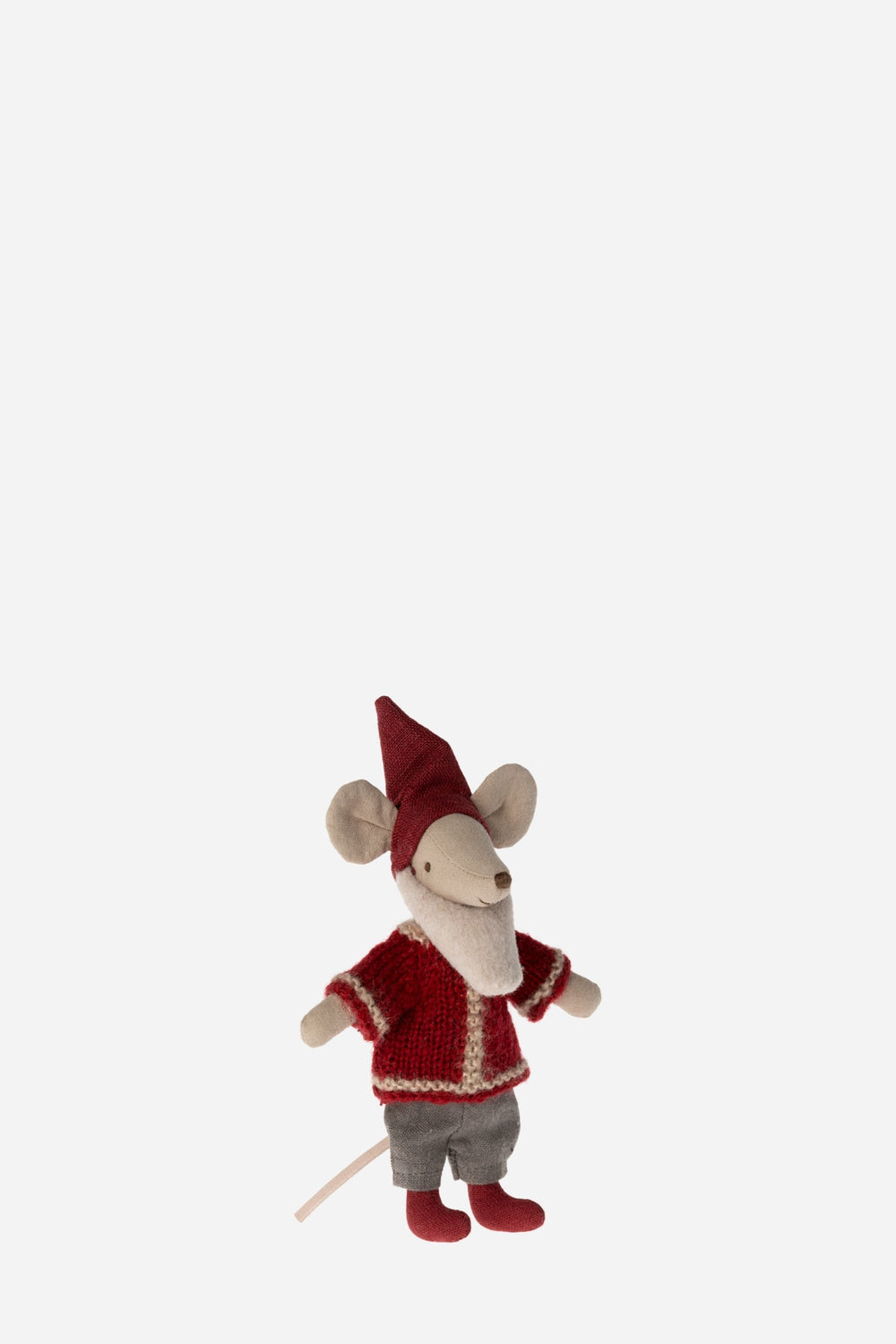 Stuffed toy mouse wearing a red outfit and hat on a white background