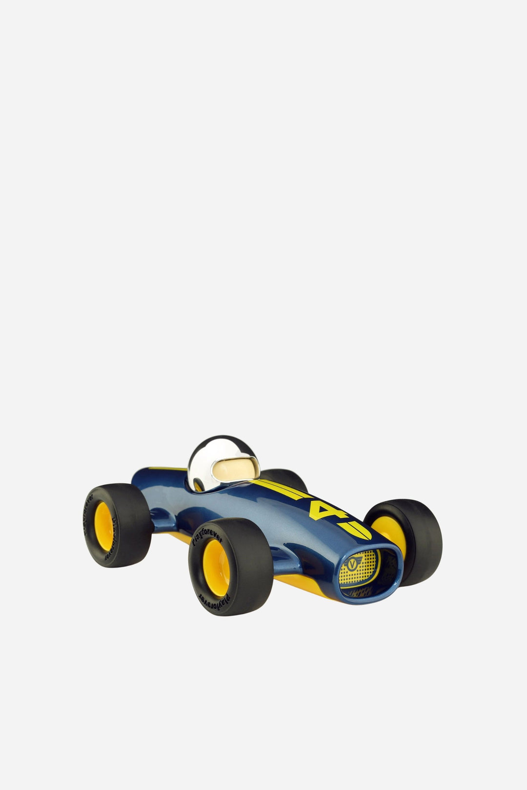 Model of a blue and yellow vintage-style race car on a white background