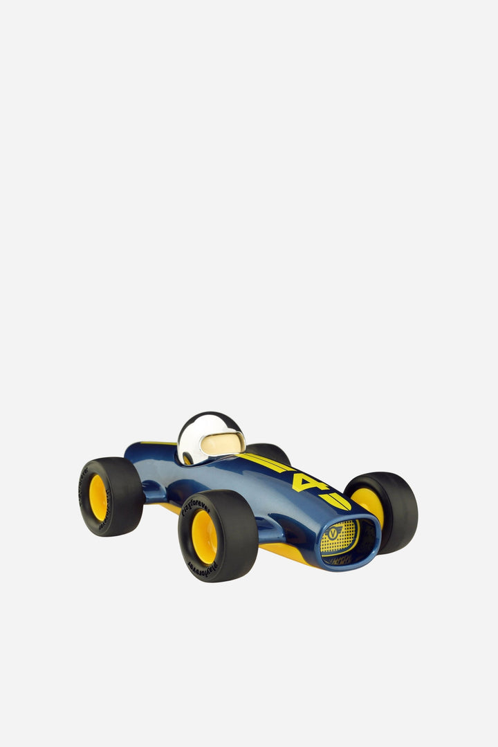 Model of a blue and yellow vintage-style race car on a white background