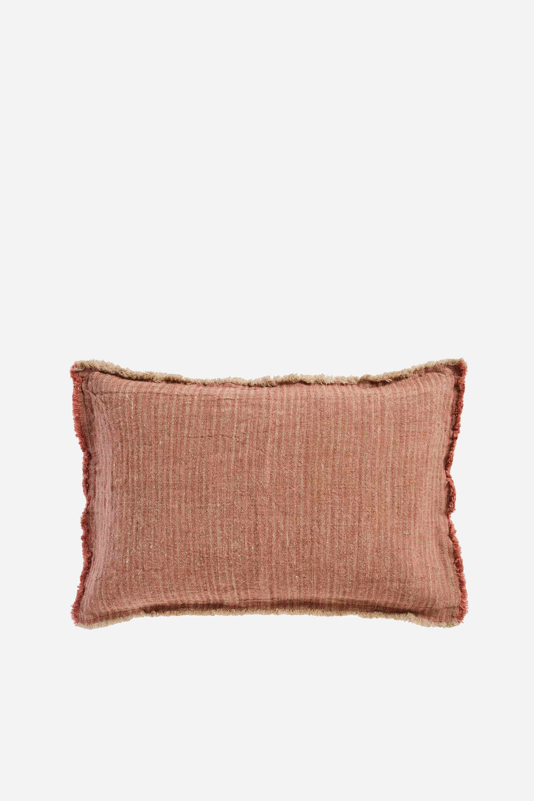 Textured rust striped pillow with frayed edges on a white background