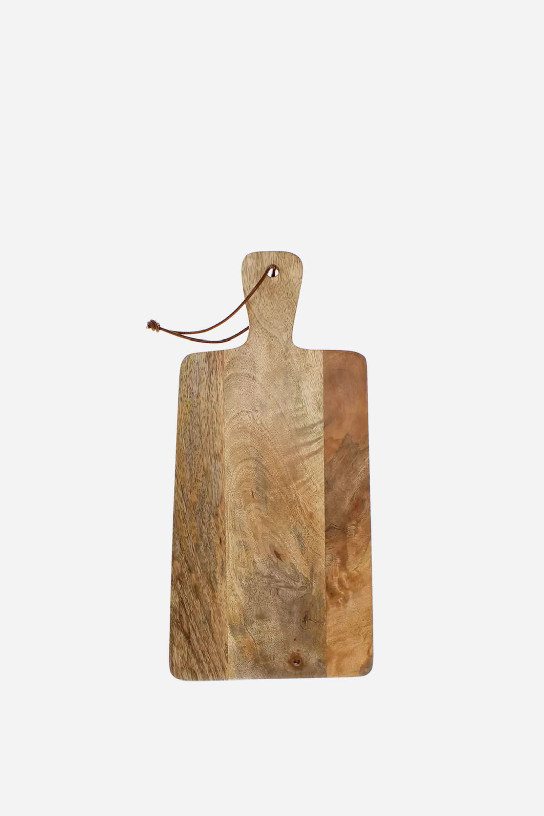 Wooden cutting board with a handle on a white background