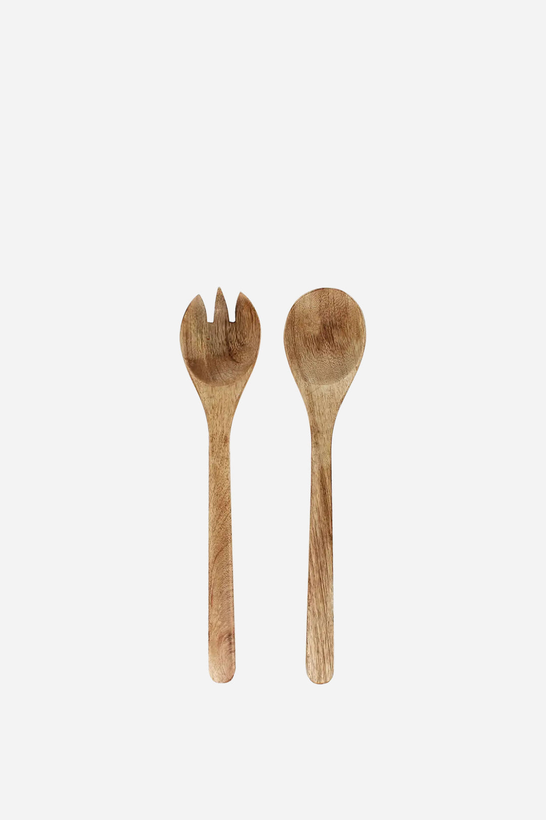 Two wooden salad servers on a white background