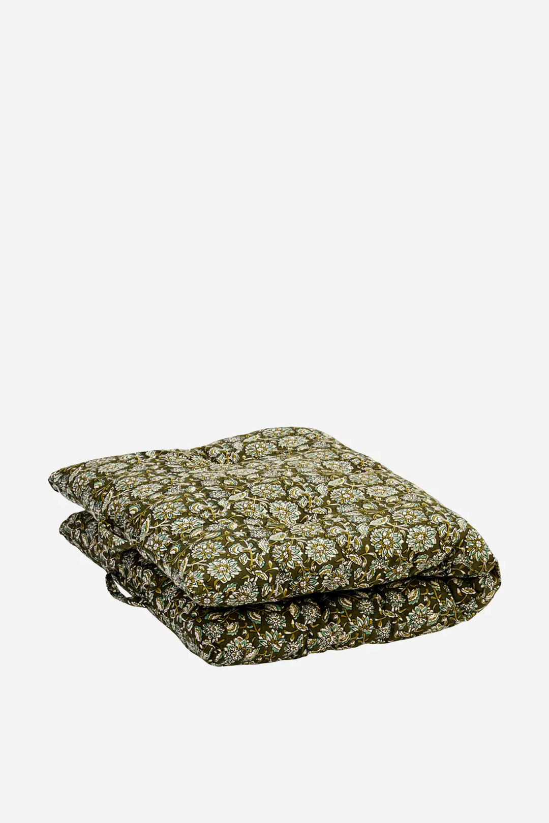 A folded quilted mattress with an olive green and cream floral pattern, shown on a plain light gray background.