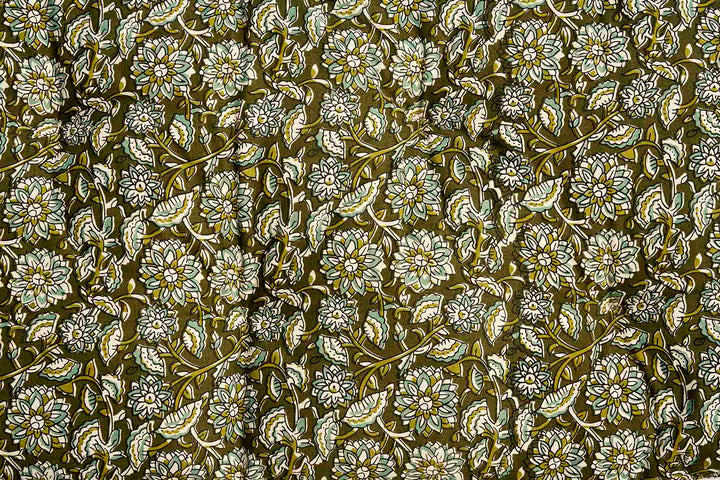 A close-up of a repeating floral pattern with white and light beige flowers, olive green leaves, and stems on a dark olive-brown background.
