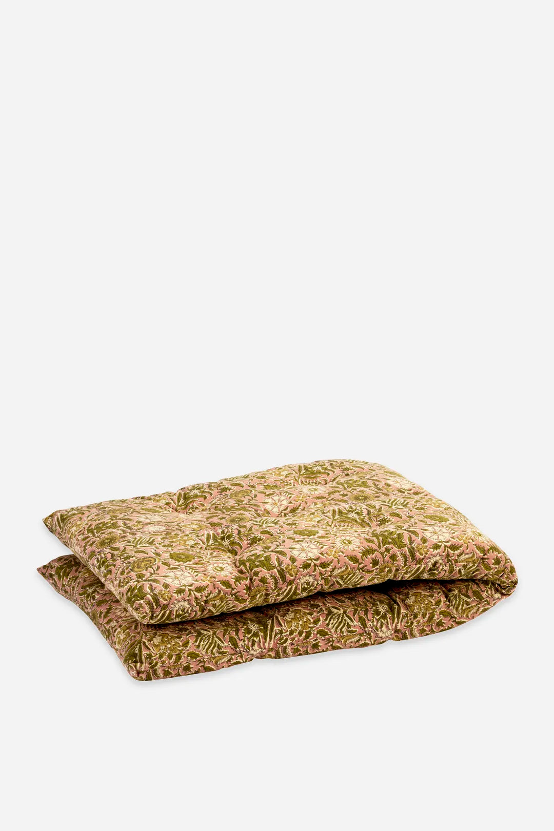 A folded quilted mattress topper with a textured, floral-like pattern in olive green, tan, and beige, set against a plain light gray background.