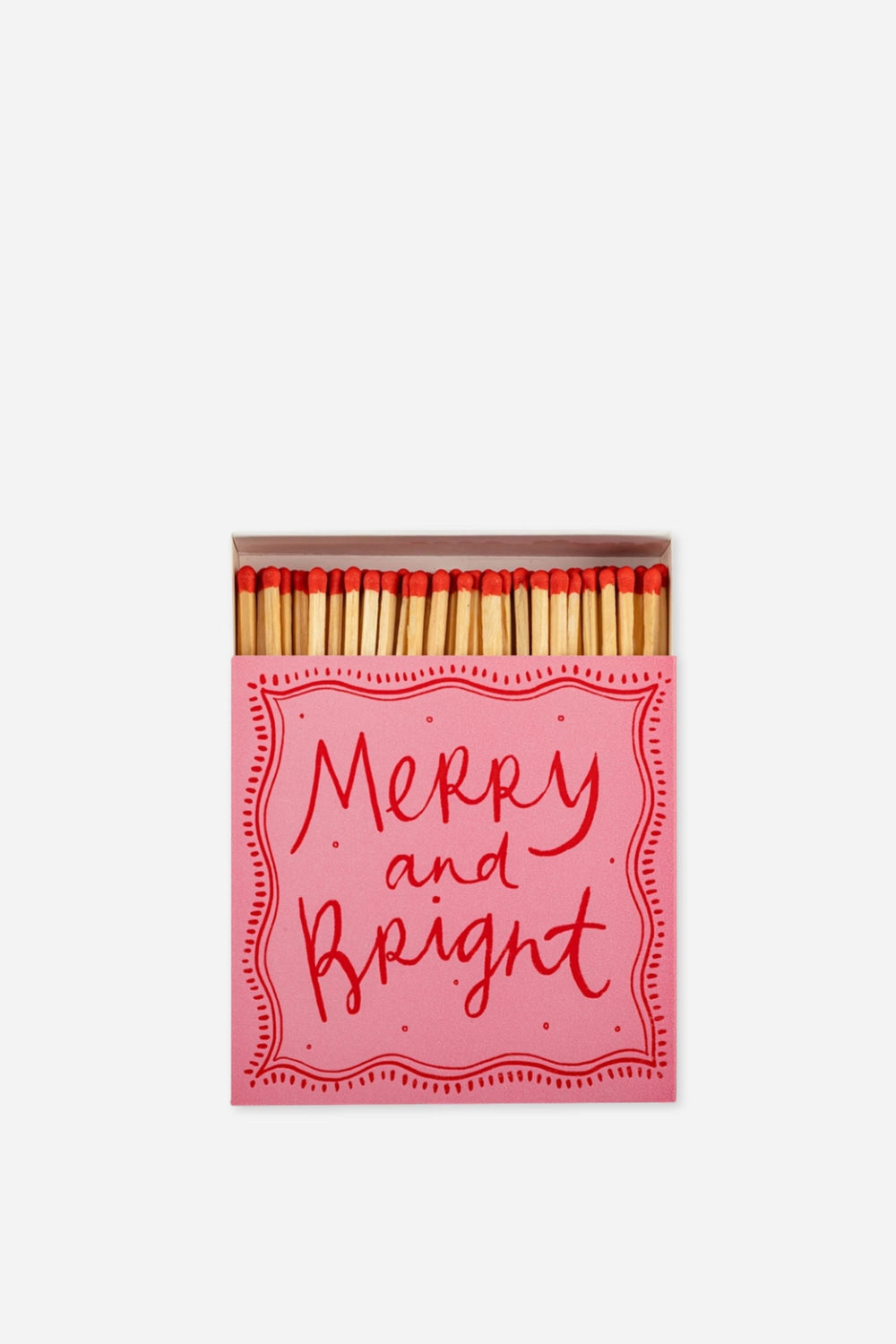 Matches with 'Merry and Bright' text on a pink background
