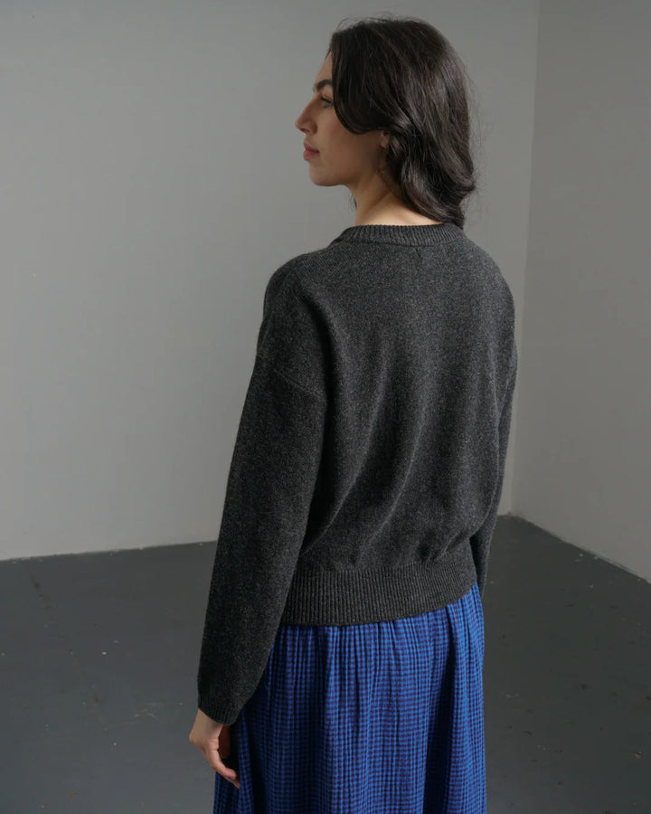 Person wearing a dark gray sweater and blue plaid skirt against a plain background