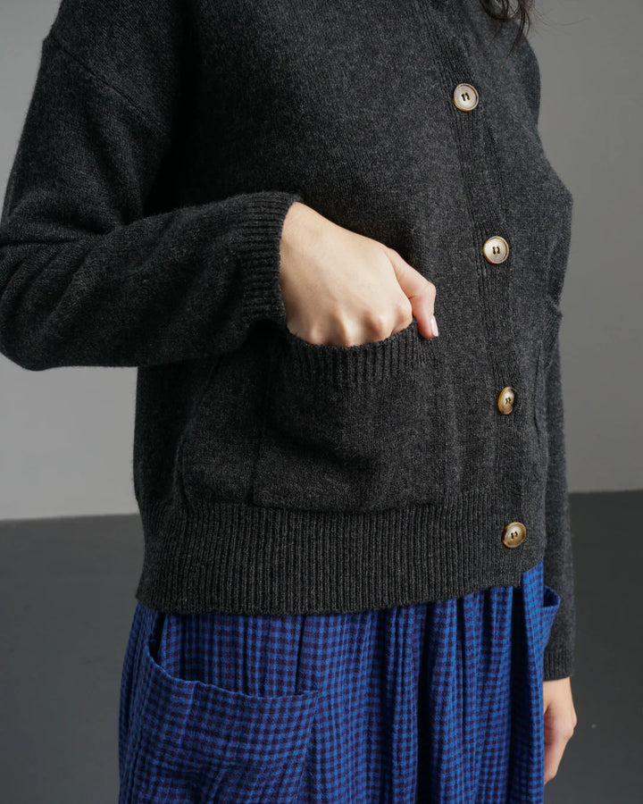Person wearing a dark gray cardigan with gold buttons and blue plaid pants on a gray background