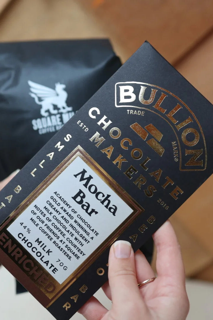 Bullion Chocolate Mocha Bar packaging held by a hand with a blurred background