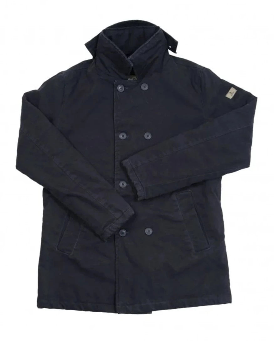 Dark blue coat with button details on a white background