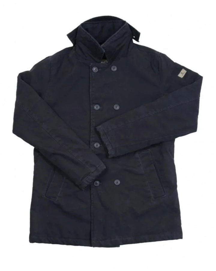 Dark blue coat with button details on a white background