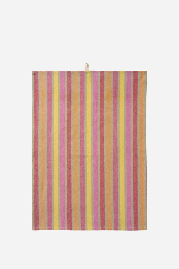 Striped towel with pink and yellow horizontal stripes on a white background
