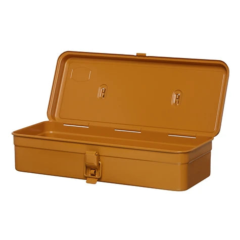 Open mustard yellow metal toolbox on a white background