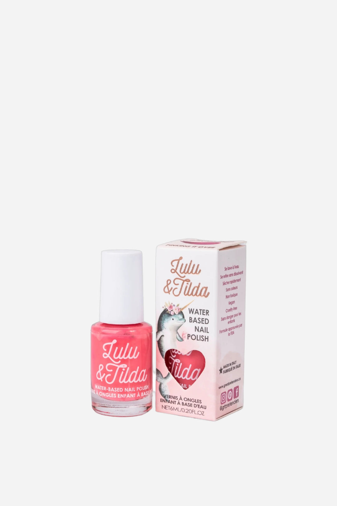 A bottle of Lulu &amp; Tilda water-based nail polish in a bright pink shade, shown next to its white and pink packaging box on a light gray background.