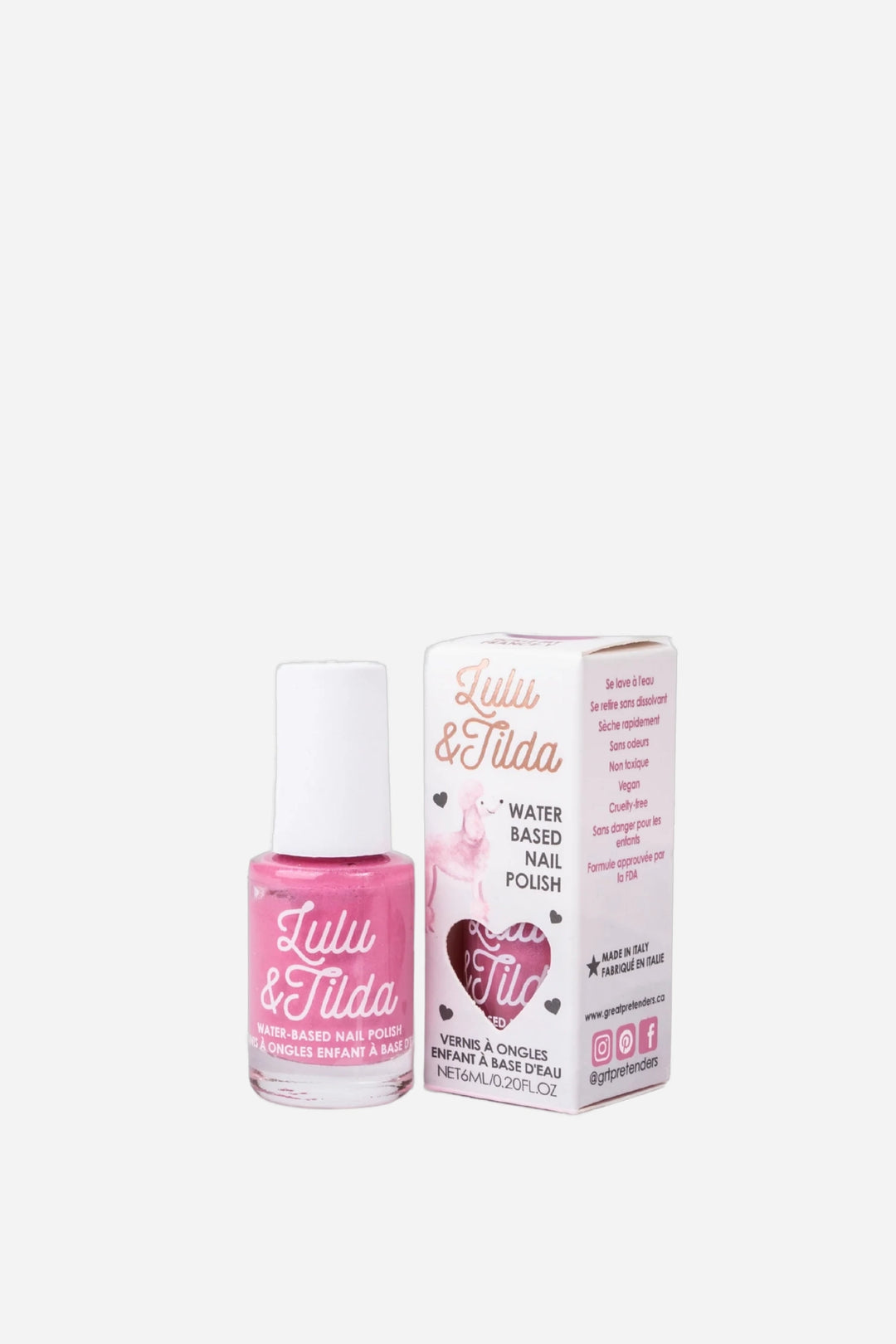A bottle of Lulu & Tilda Water Based Nail Polish in 'Rumour & Orange' next to its white and pink packaging box, set against a plain white background.