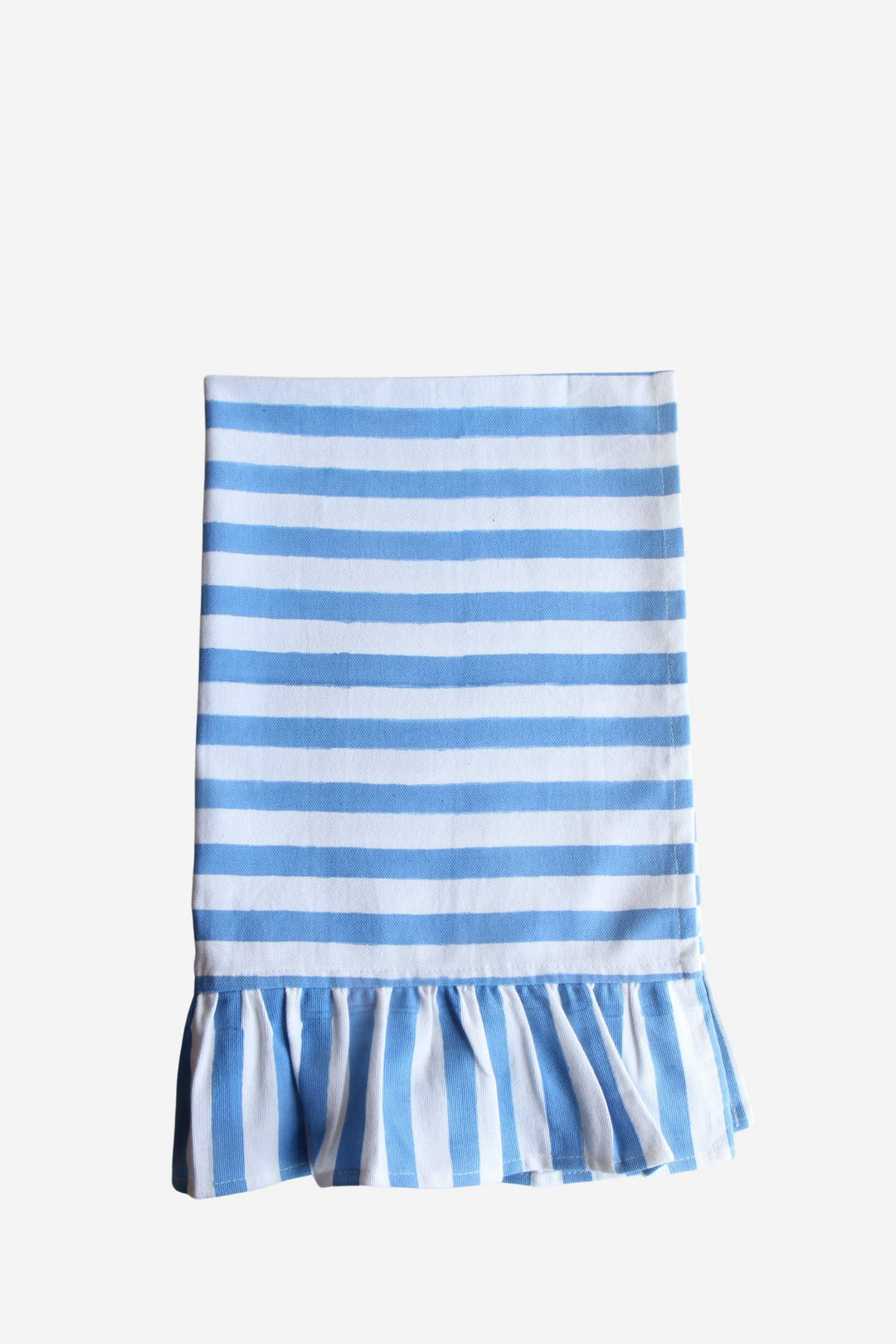 Blue and white striped towel with ruffle hem on a light gray background