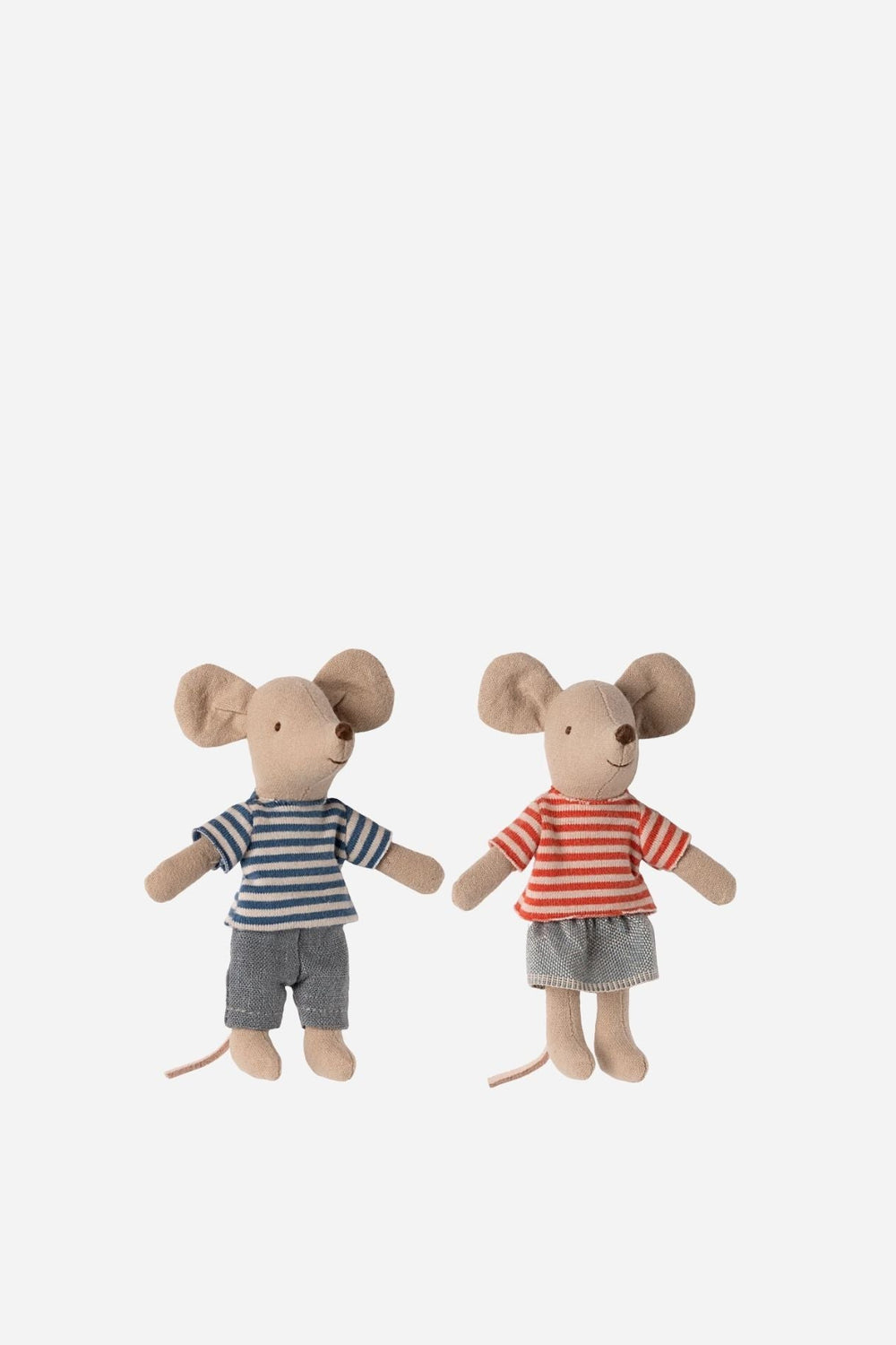 Two toy mice dressed in striped shirts on a white background
