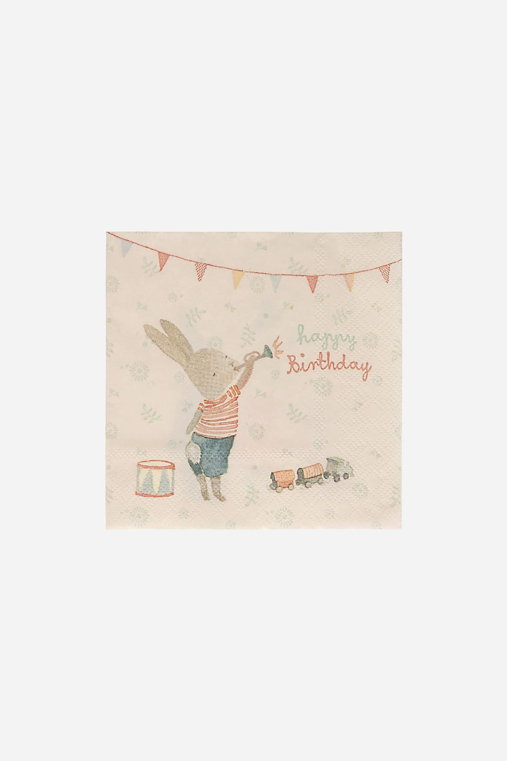 Children's birthday card with a rabbit holding a balloon on a beige background