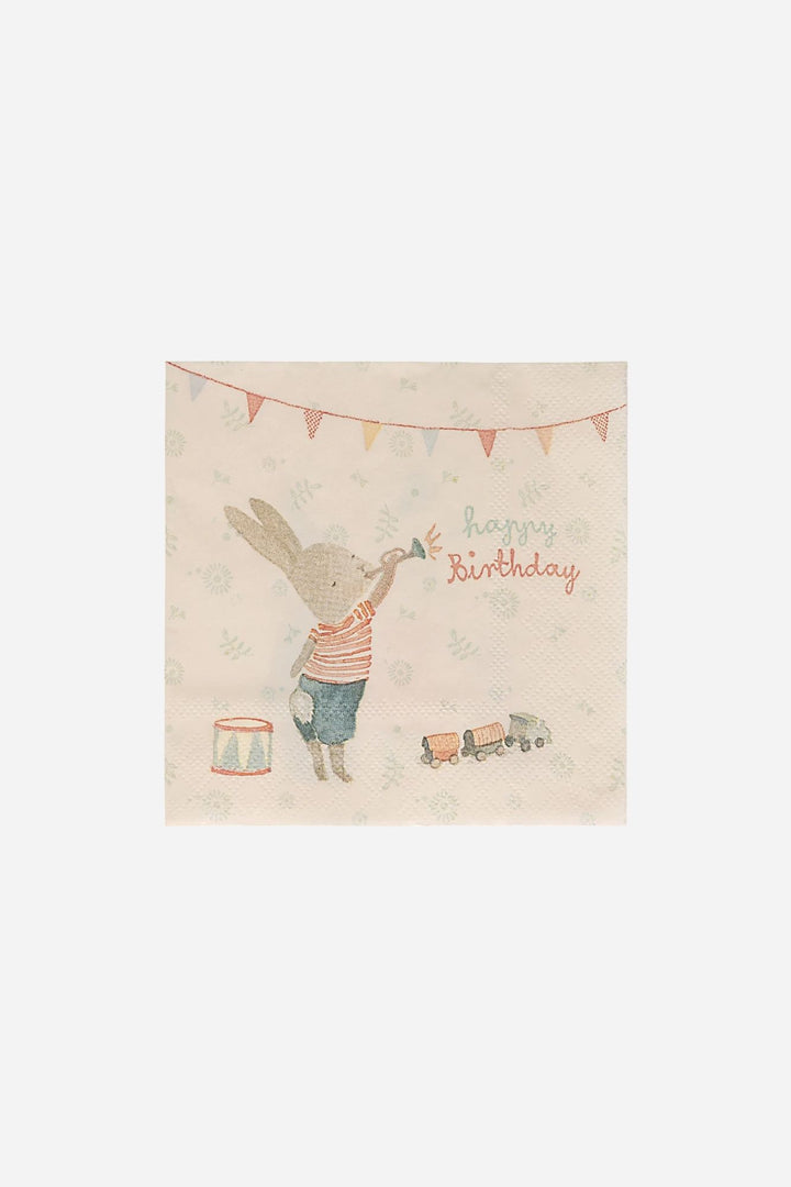 Children's birthday card with a rabbit holding a balloon on a beige background