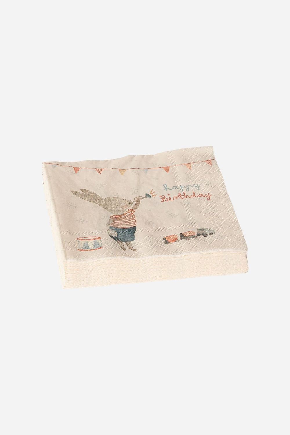 Beige napkin with a printed design of a rabbit and 'Happy Birthday' text on a white background