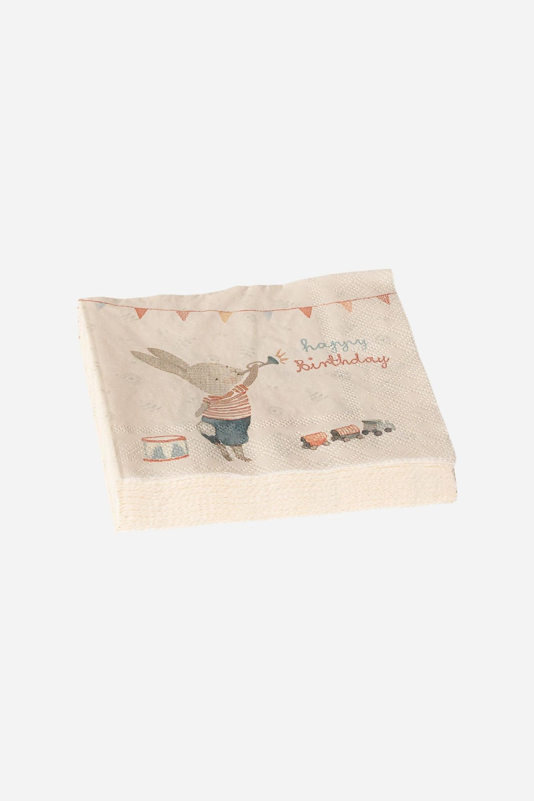 Beige napkin with a printed design of a rabbit and 'Happy Birthday' text on a white background