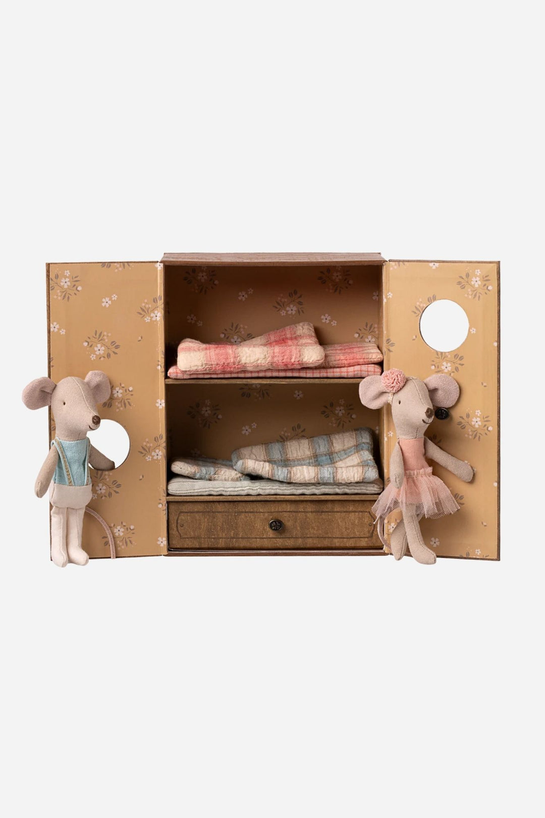 Two plush mice toys in a decorative box with checkered cloths on a white background