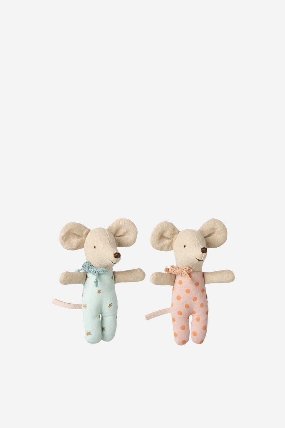 Two plush mouse toys, one in a light blue outfit and the other in a pink outfit with white dots, on a white background.