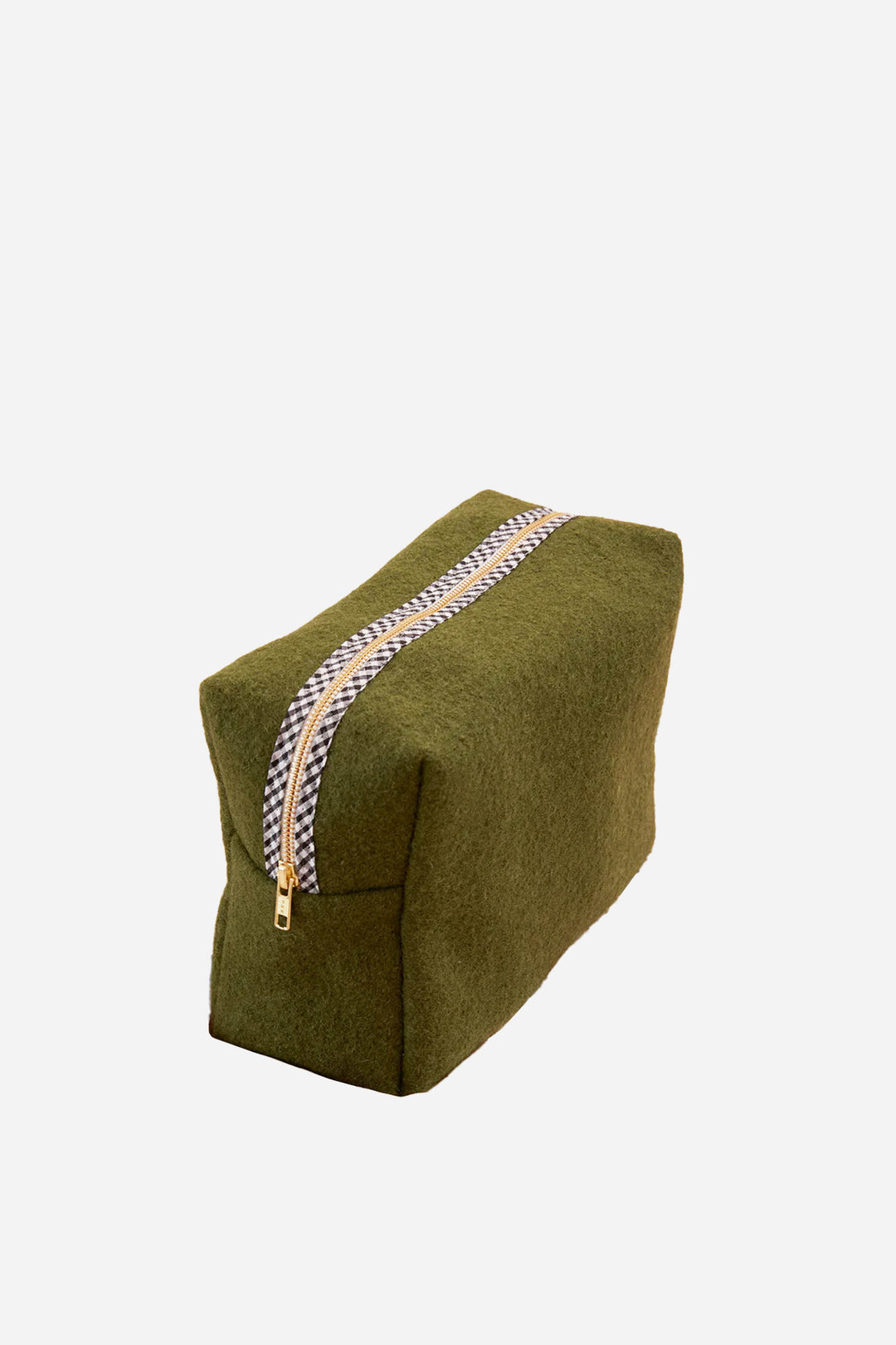 Green wedge-shaped pillow with a zipper on a white background