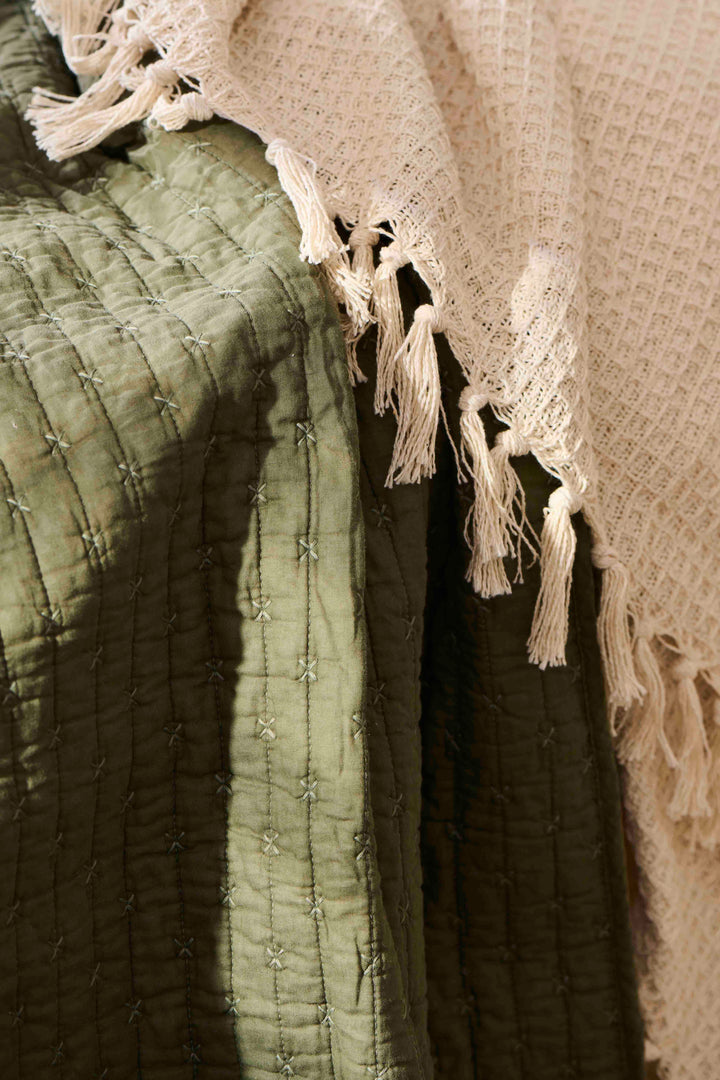 olive green cross stitch quilt