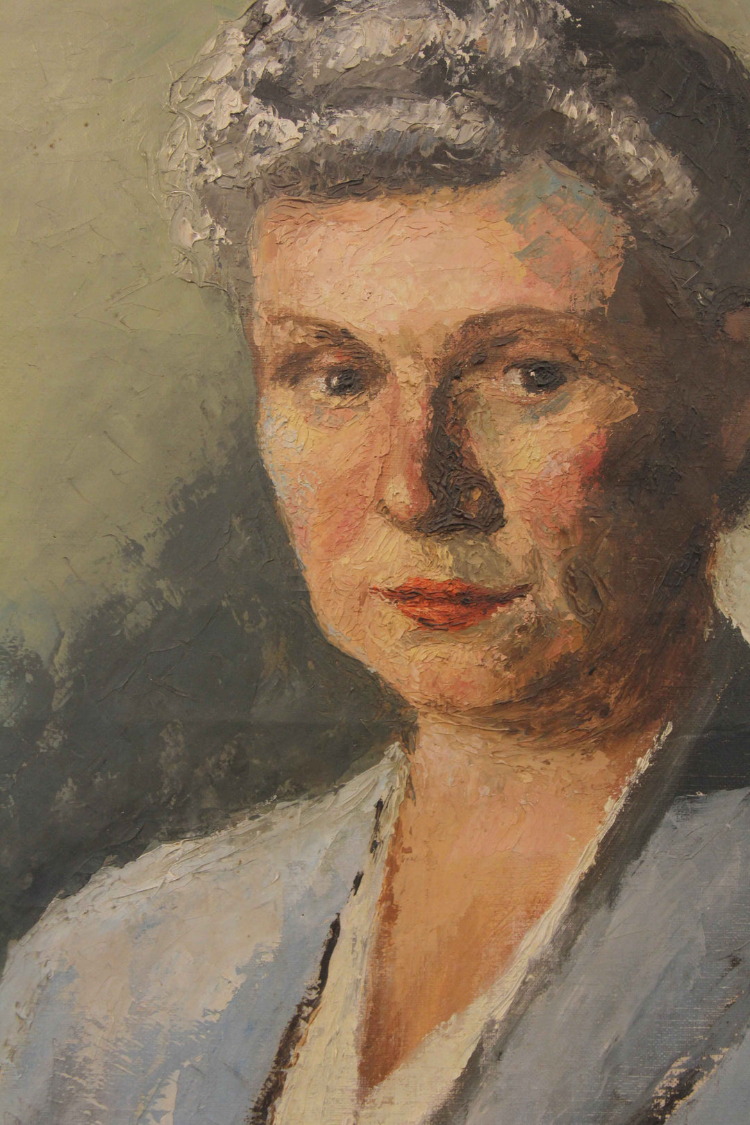 Portrait of a woman with a gray headband, painted in a realistic style.