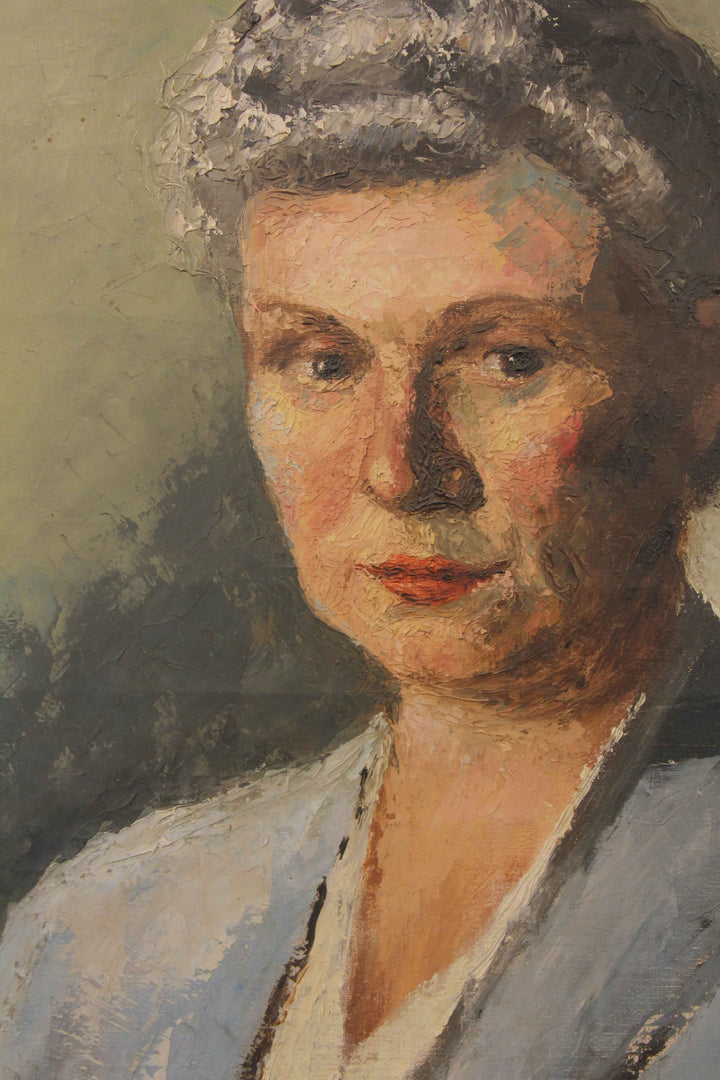 Portrait of a woman with a gray headband, painted in a realistic style.