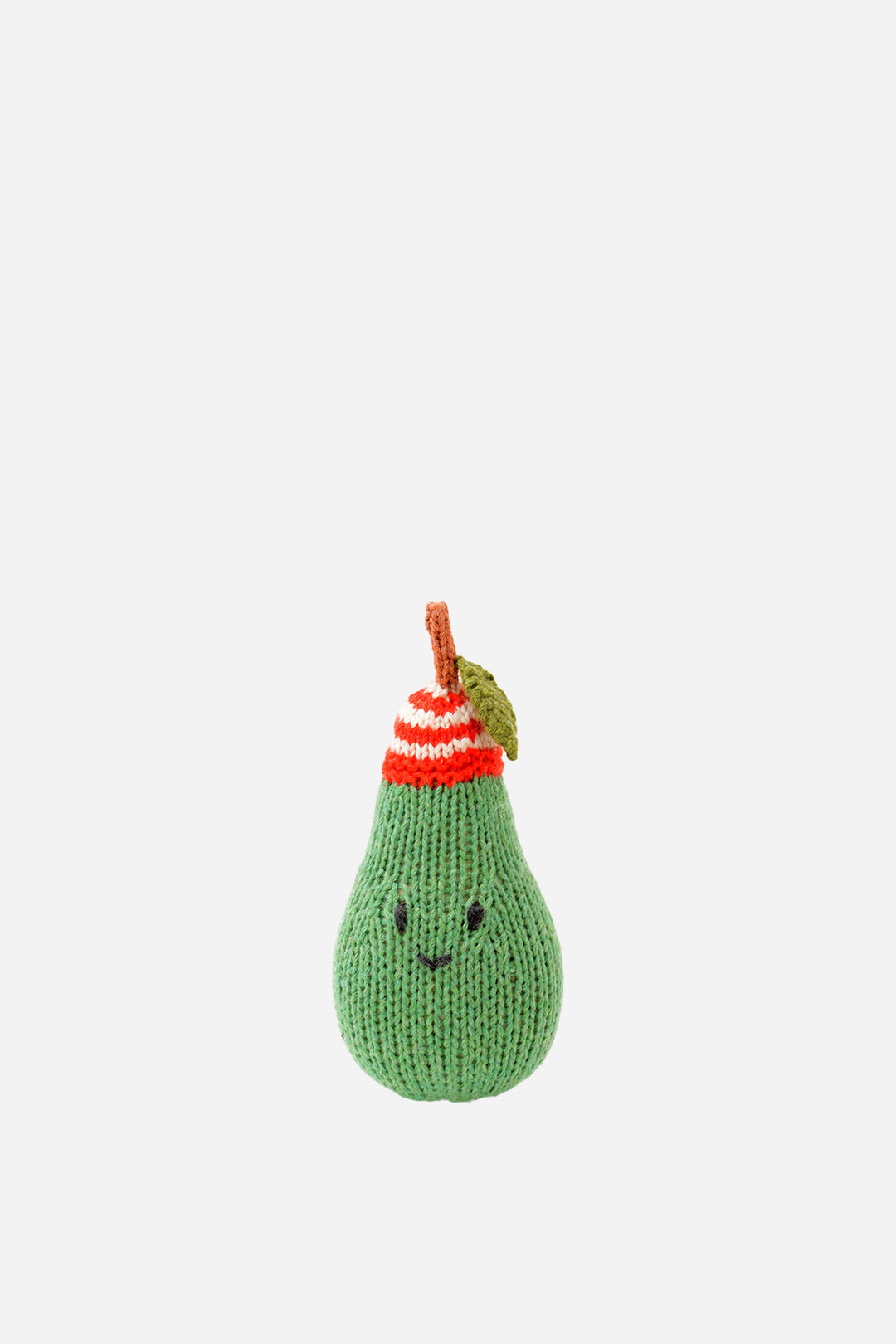 Knitted pear-shaped toy with a smiling face on a white background
