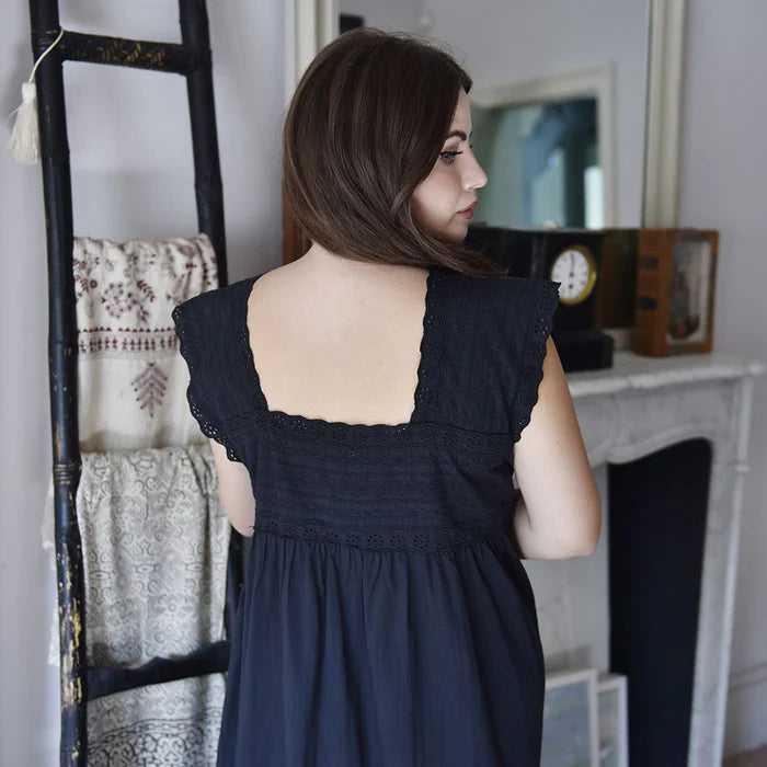 Pearl Black Cap Sleeved Women's Nightdress / Square Neckline